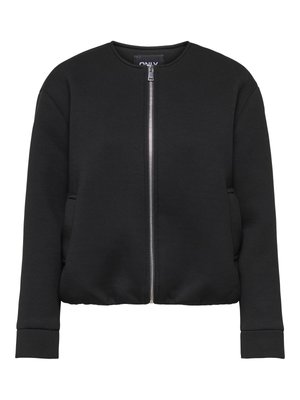 Must pikkade varrukatega jakk esiluku ja ümmarguse kaelusega, küljetaskute ning soonikuga varrukaotste ja äärega.