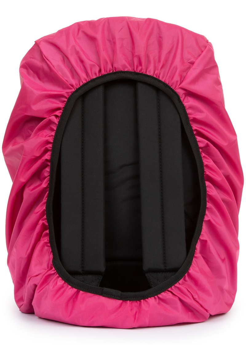 Housse imperméable rose avec un bord froncé, intérieur comportant des sangles rembourrées noires et une finition lisse, conçue pour protéger un objet à l'intérieur.