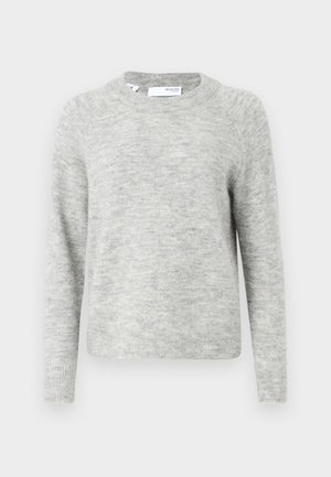 Grey knitted sweater with a round neckline, long sleeves, and a slightly textured fabric. Features a relaxed fit and ribbed hemline.