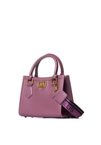 Roze synthetische handtas met gouden hardware, dubbele bovenhandvaten en een afneembare schouderband met een donkerpaarse en roze logo.