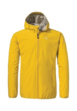 Gelbe wasserdichte Jacke mit Kapuze, Frontreißverschluss und zwei seitlichen Taschen. Innen ist sie mit einem hellgrauen Futter ausgestattet. Einfaches Design.