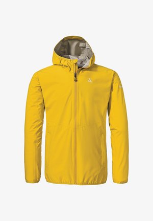 Gelbe wasserdichte Jacke mit Kapuze, Frontreißverschluss und zwei seitlichen Taschen. Innen ist sie mit einem hellgrauen Futter ausgestattet. Einfaches Design.