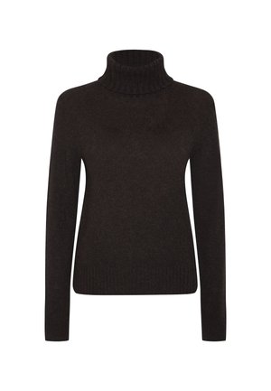 Dunkelbrauner gestrickter Wollpullover mit Rollkragen, langen Ärmeln und gerippten Bündchen und Saum, auf weißem Hintergrund präsentiert.