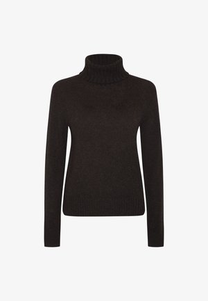 Pull en laine tricoté couleur marron foncé à col roulé, avec des manches longues et des poignets et un ourlet côtelés, présenté sur fond blanc.