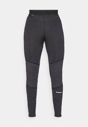 Leggings techniques gris avec un motif texturé et des sections contrastantes. Taille élastique et détail de marque au niveau de la cheville.