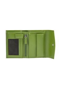Portafoglio in pelle verde con finitura testurizzata, dotato di molteplici scomparti per carte, un comparto con zip e una finestra per l'ID trasparente.