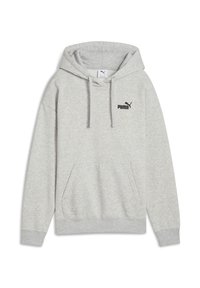 Sudadera de felpa gris con un bolsillo tipo canguro en el frente, capucha con cordón y logo de Puma en negro en el pecho. Textura suave, corte relajado.