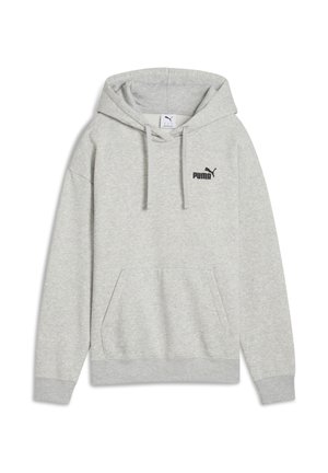 Grå fleece-hoodie med en framfickan i känguru-stil, dragsko i huvan och svart Puma-logga på bröstet. Mjuk textur, avslappnad passform.