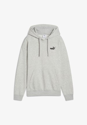 Gray fleece hoodie with a front kangaroo pocket, drawstring hood, and black Puma logo on the chest. Soft texture, relaxed fit.