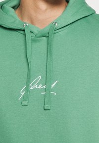 Primer plano de una sudadera verde con un texto bordado en blanco y cordones a juego alrededor del cuello.