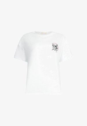 Hvid bomulds t-shirt med korte ærmer, prydet med et broderet Cupido-design i sort og rødt på venstre bryst. Klassisk pasform.