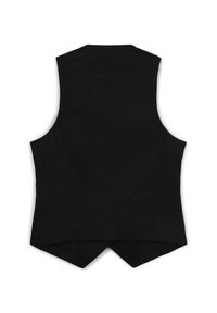 Schwarzte ärmellose Weste mit maßgeschneidertem Design, spitzem Rückensaum und glatter Stofftextur, die saubere Nähte und keine sichtbaren Verschlüsse zeigt.