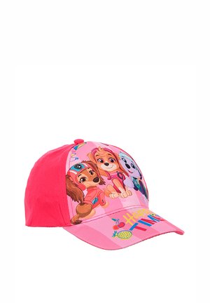 Rosa Kinderkappe mit drei Cartoon-Welpen und buntem Schriftzug „Happy Time“ am Schirm.