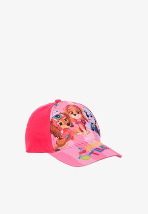 Pink children's cap with three cartoon puppies and colorful "Happy Time" text on the brim.