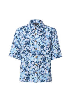 Koszula z krótkim rękawem na guziki z abstrakcyjnym kwiatowym wzorem w kolorach niebieskim, granatowym i jasnoróżowym oraz brązowymi guzikami, kołnierzyk w zestawie.