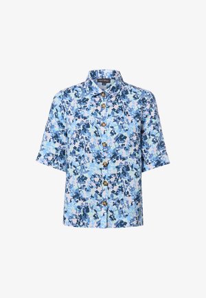 Chemise à manches courtes avec boutons, motif floral abstrait bleu, marine et rose clair et boutons marron, col inclus.