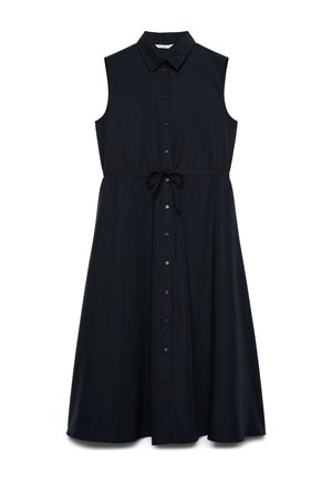 Abito midi nero senza maniche con colletto, chiusura con bottoni sul davanti e cintura regolabile in vita.