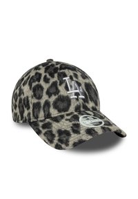 Leopard print cap with a grey and black color scheme, featuring embroidered "LA" logo in white and a curved visor. Textured fabric finish.