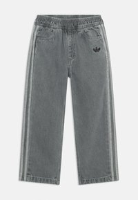 Jeans in denim grigio con vita elasticizzata, dotati di righe laterali e un piccolo logo sull'anca sinistra. Design classico a gamba dritta.