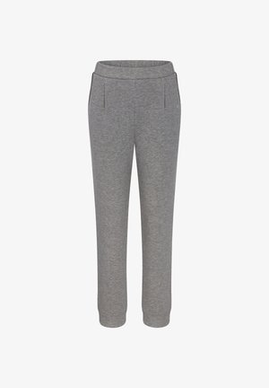 Szare dresowe spodnie z lekko teksturowanej tkaniny, z elastycznym paskiem na sznurku i bocznymi kieszeniami. Długość do kostek, w luźnym kroju.
