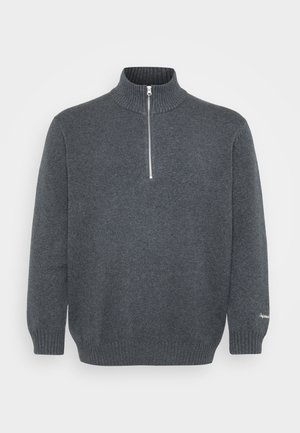 Dark gray sweater with a high neck, zippered front, and ribbed cuffs. Made of knitted fabric with a textured appearance.