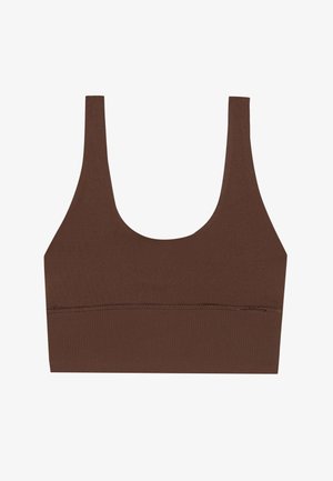 Ruskea, pyöreäkaula-aukolla varustettu bralette, jossa on leveät hihnat ja tasainen, joustava materiaali. Ominaisuuksiin kuuluu saumaton muotoilu ja vahvistettu helma.