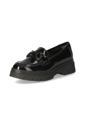 Sort laklæder loafers med chunky rillede sål og dekorativ spænde på toppen, vist mod en hvid baggrund.