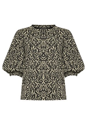 Maglione nero e beige con un motivo astratto tessurizzato. Presenta maniche corte a sbuffo e un collo a giro.