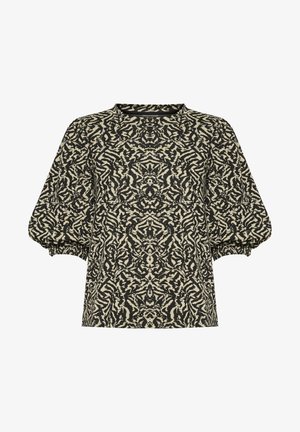 Fekete és beige pulóver felső, textúrált, absztrakt mintával. Rövid, puffos ujjakkal és kerek nyakkivágással rendelkezik.