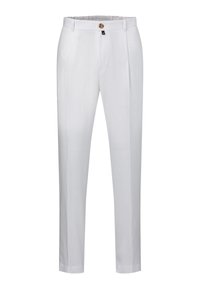 Weiße Hose aus leichtem Stoff, mit geradem Schnitt, zwei vorderen Falten und einem einzigen Knopfverschluss. Minimalistisches Design.