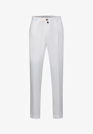 Weiße Hose aus leichtem Stoff, mit geradem Schnitt, zwei vorderen Falten und einem einzigen Knopfverschluss. Minimalistisches Design.