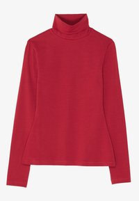 Rød langermet turtleneck topp i myk bomullsmateriale, med en tettsittende hals, rett kroppsnedgang og minimalistisk design uten mønstre.