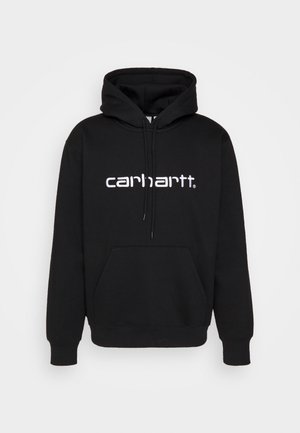 Black hoodie made of cotton blend fabric with a kangaroo pocket, adjustable drawstring hood, and white "carhartt." logo on the front.