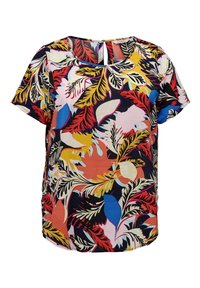 Kortärmad blus med ett livfullt blommönster i röd, gul, blå och rosa på en mörk bakgrund, med ett nyckelhål detaljer vid halsen.