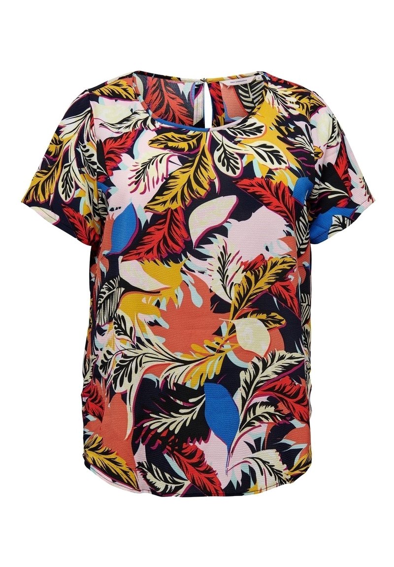Kortärmad blus med ett livfullt blommönster i röd, gul, blå och rosa på en mörk bakgrund, med ett nyckelhål detaljer vid halsen.