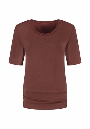 Bordeauxrood topje met korte mouwen, gemaakt van zacht materiaal, voorzien van een ronde hals en een licht geplooide zoom voor een comfortabele pasvorm.