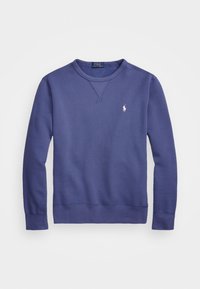 Felpa viola con scollo rotondo realizzata in tessuto morbido. Presenta polsini e orlo a costine, con un piccolo logo ricamato sul petto.