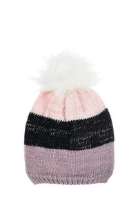 Gorro de punto con un patrón de rayas en rosa, negro y púrpura claro, rematado con un pompón blanco y esponjoso. Presenta una textura suave.