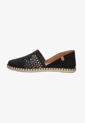 Black espadrille slip-on shoe with a woven fabric upper, open mesh design, and jute rope sole. Features a brown leather accent on the side.