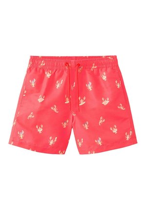 Short de bain rouge avec une taille élastique et un cordon, décoré d'un motif répétitif de petits homards beige.