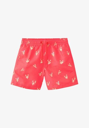 Costume da bagno rosso con vita elastica e coulisse, decorato con un motivo ripetuto di piccoli aragoste beige.