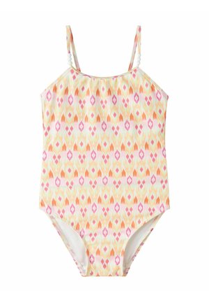 Üksosaline ujumistrikoo kitsaste rihmadega ja valgete helmeste detailidega, millel on korduv oranži, roosa ja kollase geomeetriline muster.