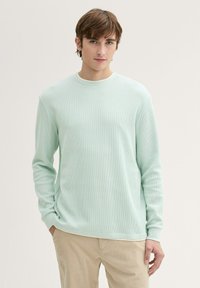 Helles mintgrünes langärmeliges Sweatshirt aus Rippstoff mit Rundhalsausschnitt, strukturiertem Stoff und lockerer Passform, kombiniert mit hellbeigen Hosen.
