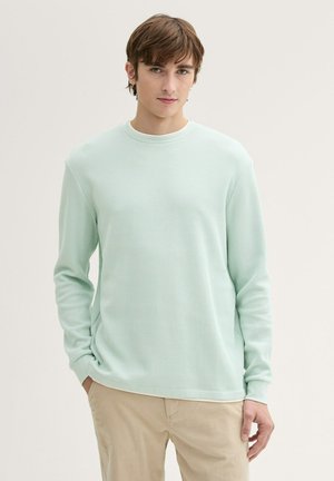 Helles mintgrünes langärmeliges Sweatshirt aus Rippstoff mit Rundhalsausschnitt, strukturiertem Stoff und lockerer Passform, kombiniert mit hellbeigen Hosen.