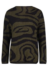 Pull à manches longues vert foncé et noir avec un motif abstrait ondulé en spirale et un col rond.