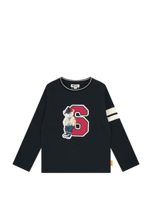 Long-sleeve black T-shirt with a round neck, featuring a colorful embroidered bear graphic and bold red number 6 on the front. White shoulder stripes.