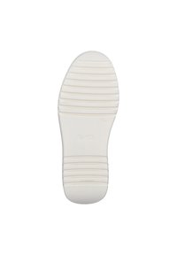 Suola di scarpa in gomma bianca con scanalature orizzontali e logo in rilievo. Presenta una punta arrotondata e bordi rinforzati per una maggiore durabilità.