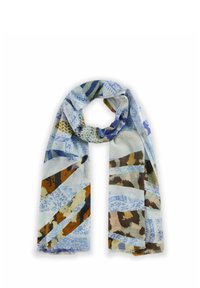 Écharpe multicolore avec des motifs bleus, marron et verts sur un fond clair. Tissu léger avec des bords effilochés. Longueur : 180 cm.