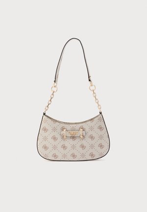 Beige handbag with a curved shape, featuring a gold chain strap and a decorative logo pattern. Gold hardware accents add detail.