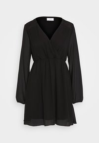 Robe portefeuille noire à manches longues, décolleté en V et taille froncée. Fabriquée en tissu léger avec des accents subtils de dentelle aux épaules.